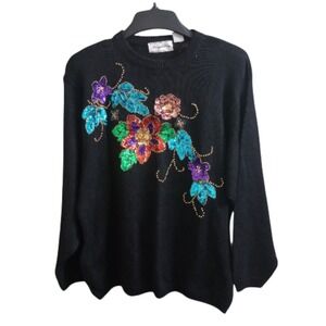 Margules Plus Vintage Sequin Beaded Sweater Floral Black Size 42 (22W) NOS w/Tag
